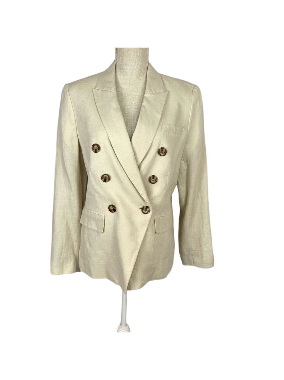 Magaschoni Linen Blend Double Breasted Blazer Jacket Cream Women’s L Natural